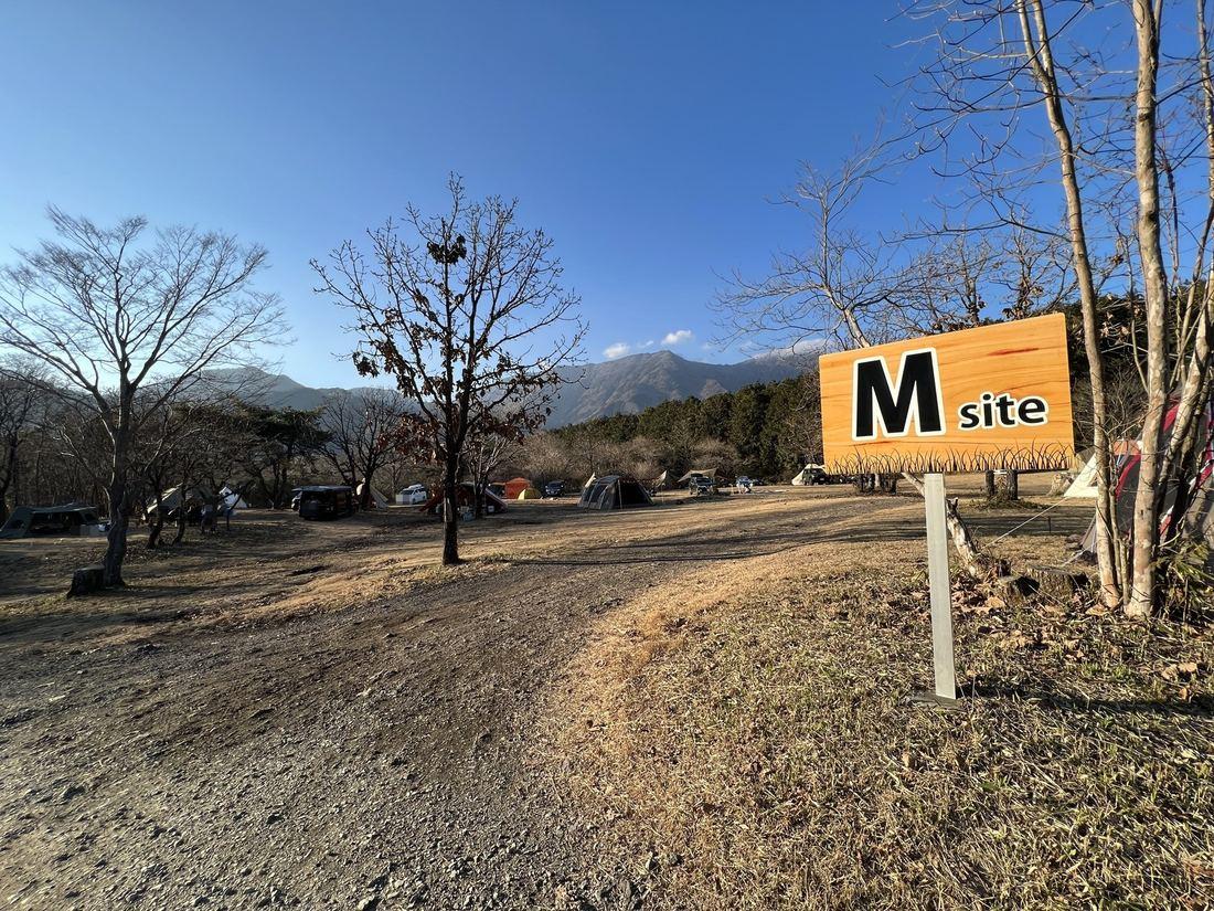 Mサイトの看板と冬の芝地