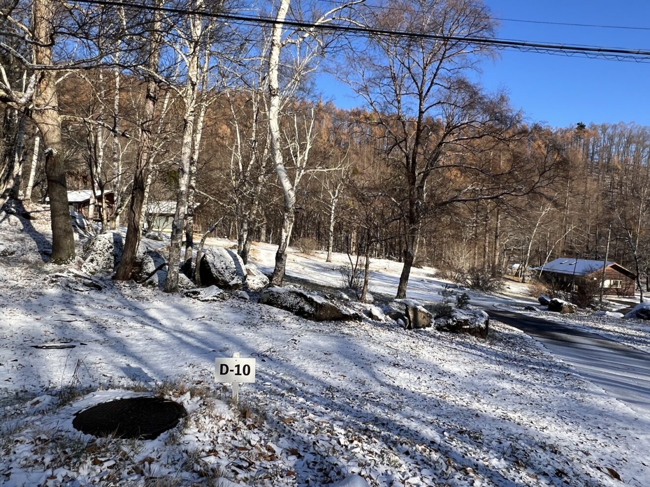 駒出池のD-10表示付近にある木と岩、積雪した路面